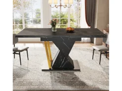 Mesa de jantar extensível 110/140x80x76 cm - Para 6 pessoas - MDF + metal - Estampa de mármore - Preto