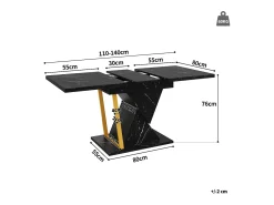 Mesa de jantar extensível 110/140x80x76 cm - Para 6 pessoas - MDF + metal - Estampa de mármore - Preto