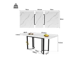 Mesa de jantar extensível para 6-8 pessoas em MDF e metal - Efeito mármore branco - 140/179,5x80x75,5 cm