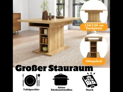 Mesa de jantar extensível em madeira PB com espaço de arrumação - Natural claro