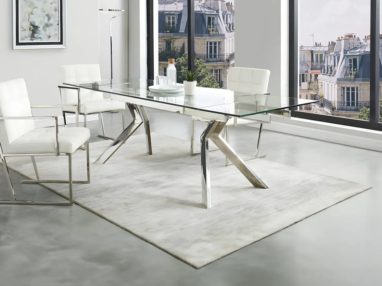 Mesa de jantar extensível em vidro temperado e metal - Transparente - VELIKA