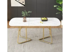 Mesa de jantar extensível para 4 a 6 pessoas em MDF e metal - tampo efeito mármore - Branco & Dourado
