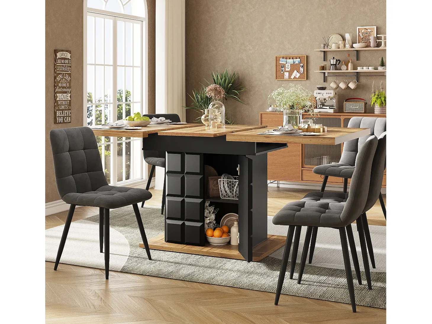 Mesa de jantar extensível 110-140×80cm - 4-6 pessoas - com 2 portas - mesa de xadrez - Preto