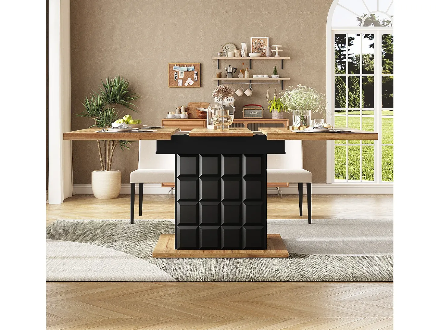 Mesa de jantar extensível 110-140×80cm - 4-6 pessoas - com 2 portas - mesa de xadrez - Preto