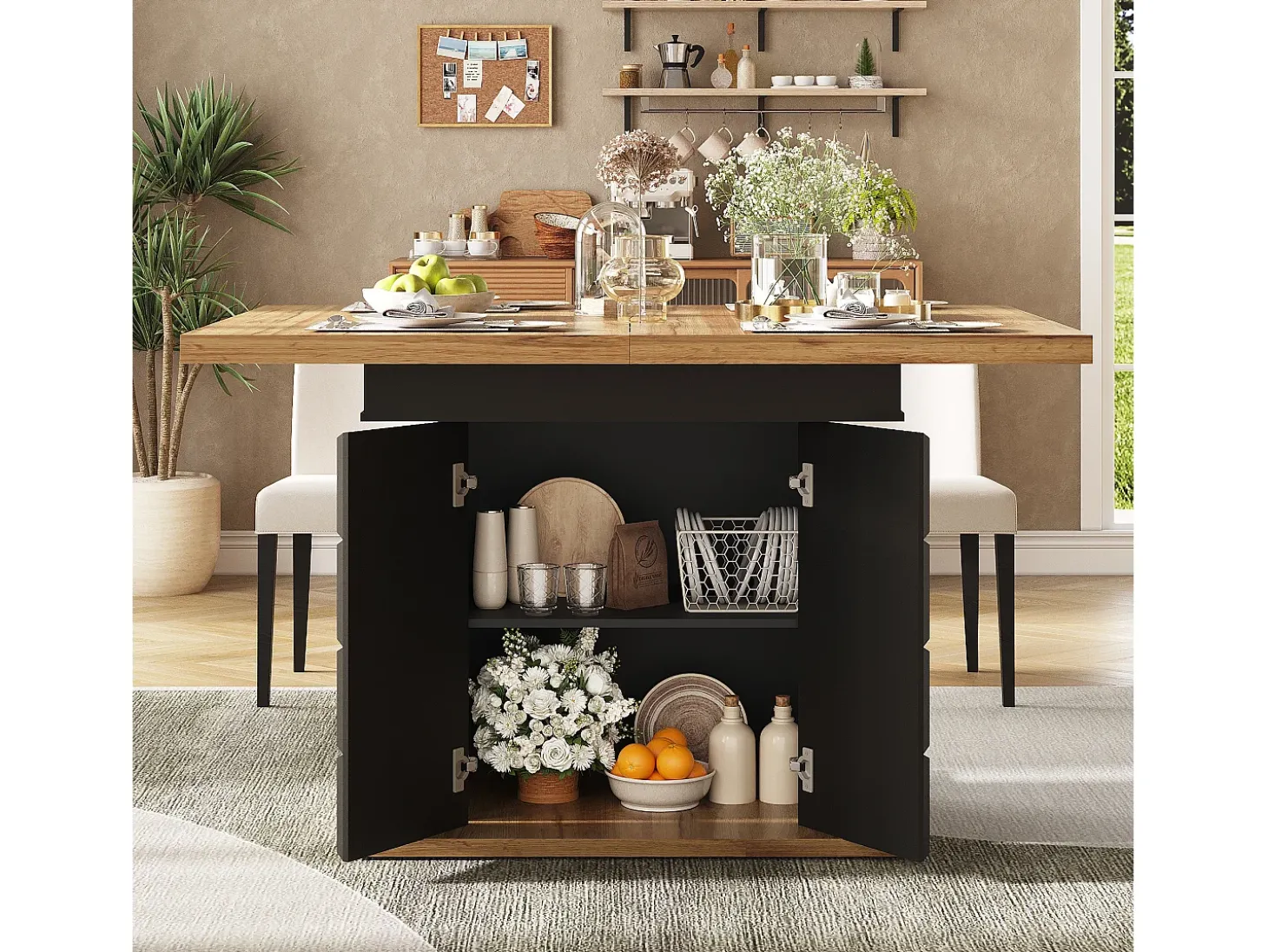 Mesa de jantar extensível 110-140×80cm - 4-6 pessoas - com 2 portas - mesa de xadrez - Preto