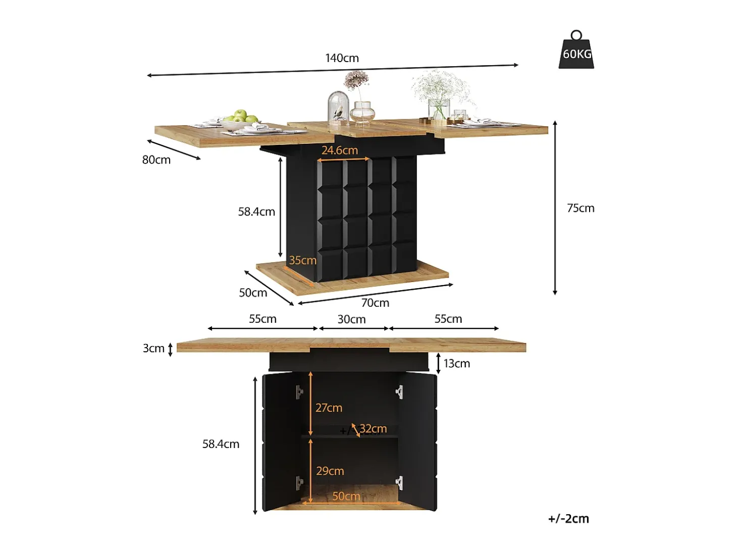 Mesa de jantar extensível 110-140×80cm - 4-6 pessoas - com 2 portas - mesa de xadrez - Preto