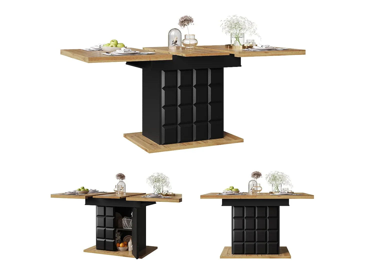 Mesa de jantar extensível 110-140×80cm - 4-6 pessoas - com 2 portas - mesa de xadrez - Preto