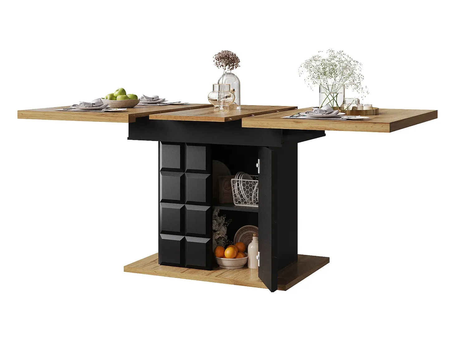 Mesa de jantar extensível 110-140×80cm - 4-6 pessoas - com 2 portas - mesa de xadrez - Preto