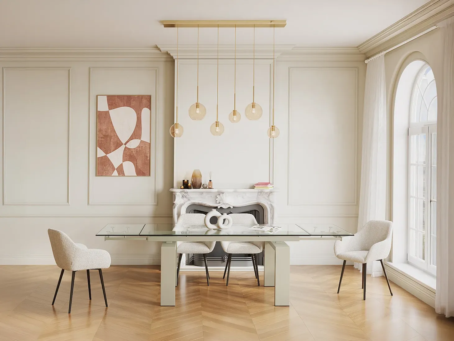 Mesa de jantar extensível em vidro temperado e metal - Transparente e Bege - LUBANA