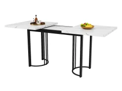Mesa de jantar extensível (140-179.5 x 80 cm) - em MDF e metal - tampo efeito mármore - Branco