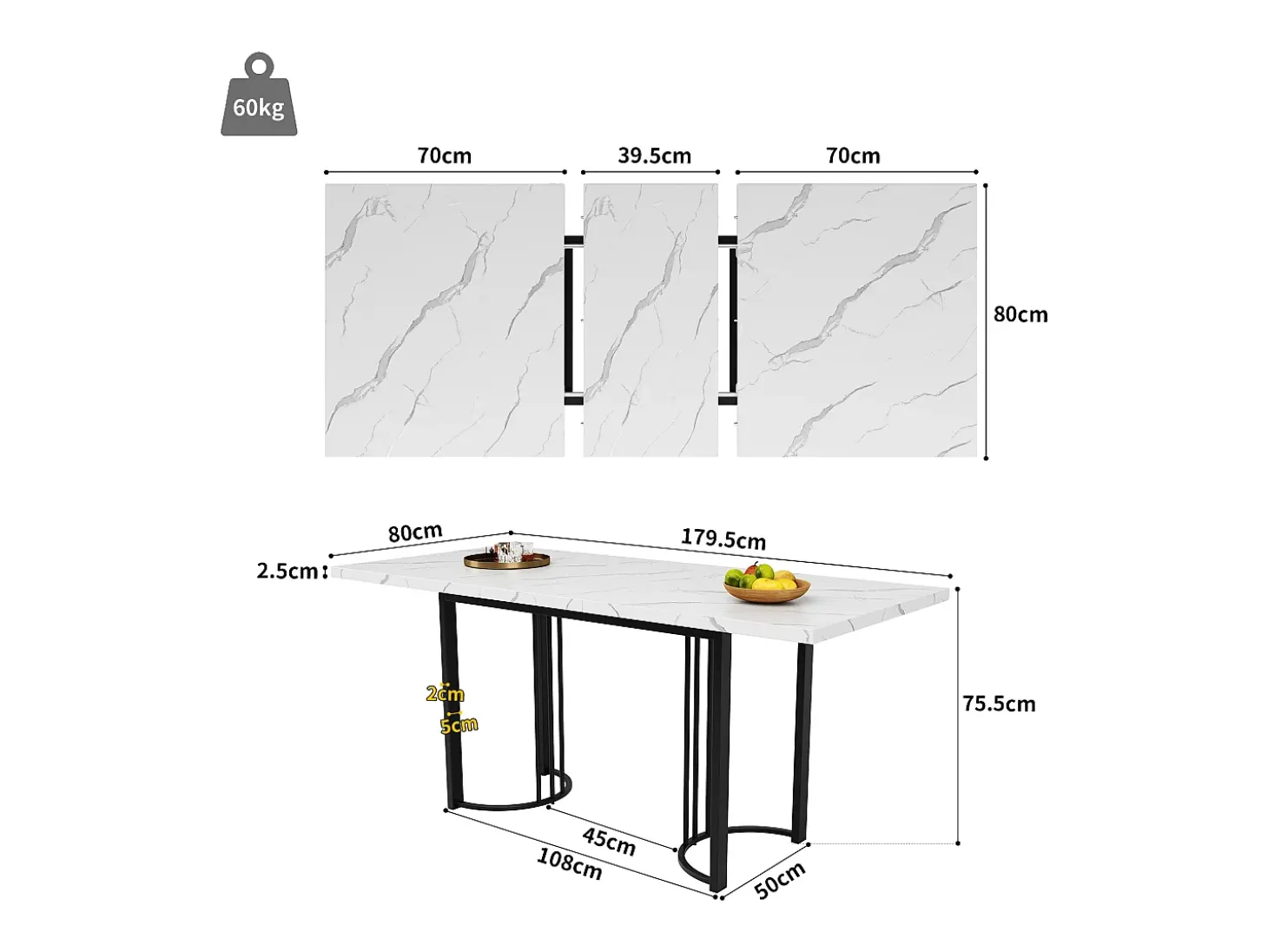 Mesa de jantar extensível (140-179.5 x 80 cm) - em MDF e metal - tampo efeito mármore - Branco