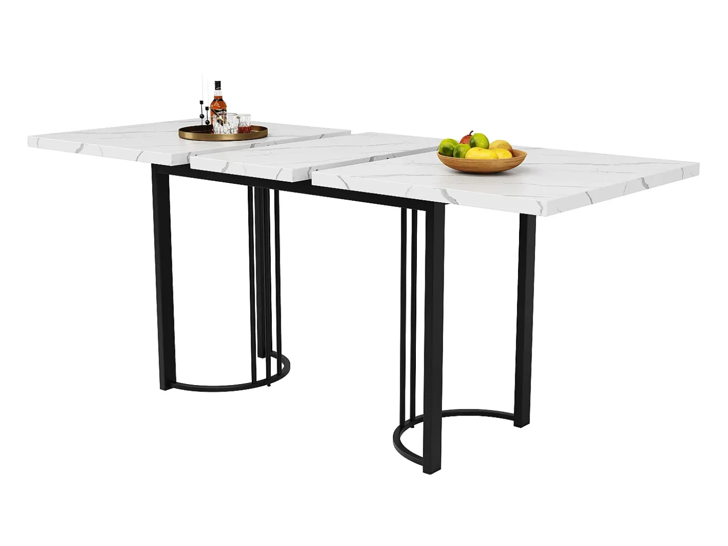 Mesa de jantar extensível (140-179.5 x 80 cm) - em MDF e metal - tampo efeito mármore - Branco