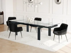 Mesa de jantar extensível. Vidro temperado, metal. Preto. LUBANA