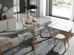 Mesa de jantar extensível retangular vidro temperado e nogueira 1115 ANGEL CERDA