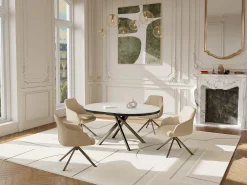 Mesa de jantar extensível para 4 a 6 pessoas em cerâmica, MDF e metal - Efeito mármore branco e bronze - FEROLA