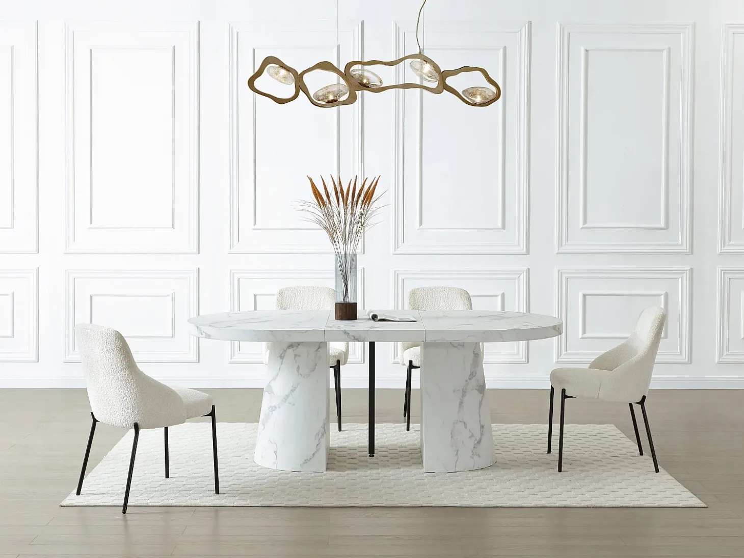 Mesa de jantar extensível para 6 a 12 pessoas em MDF com efeito mármore branco - CLOEVA
