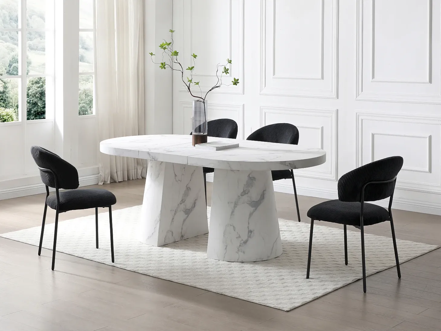 Mesa de jantar extensível para 6 a 12 pessoas em MDF com efeito mármore branco - CLOEVA