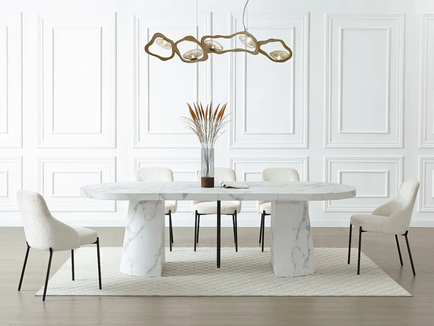 Mesa de jantar extensível para 6 a 12 pessoas em MDF com efeito mármore branco - CLOEVA