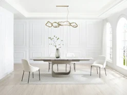 Mesa de jantar extensível para 6 a 10 pessoas em cerâmica, vidro temperado e metal taupe - Efeito mármore branco - DAVULO da Maison Céphy