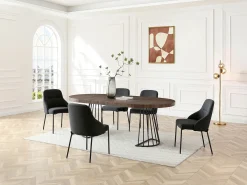 Mesa de jantar extensível para 2 a 12 pessoas em MDF e aço - Castanho escuro natural e preto - FIRELA