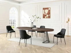 Mesa de jantar extensível para 2 a 12 pessoas em MDF e aço - Castanho escuro natural e preto - FIRELA