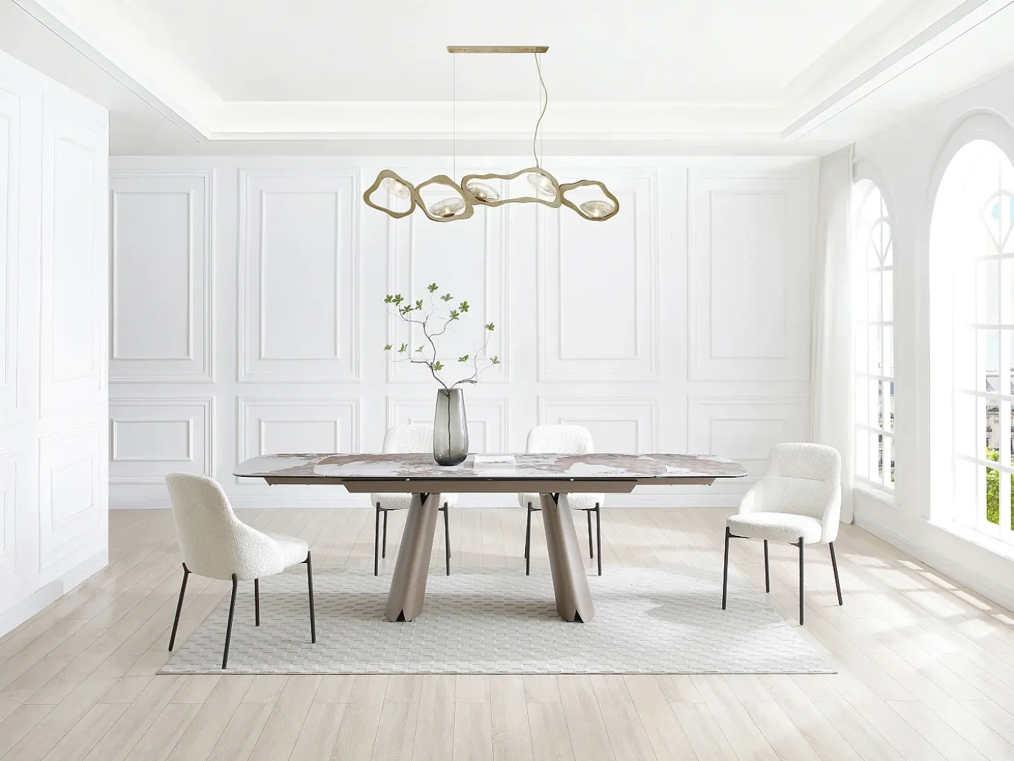 Mesa de jantar extensível de 6 a 10 pessoas em cerâmica, vidro temperado e metal bronze - Efeito mármore branco e cinza - FARUDI de Maison Céphy
