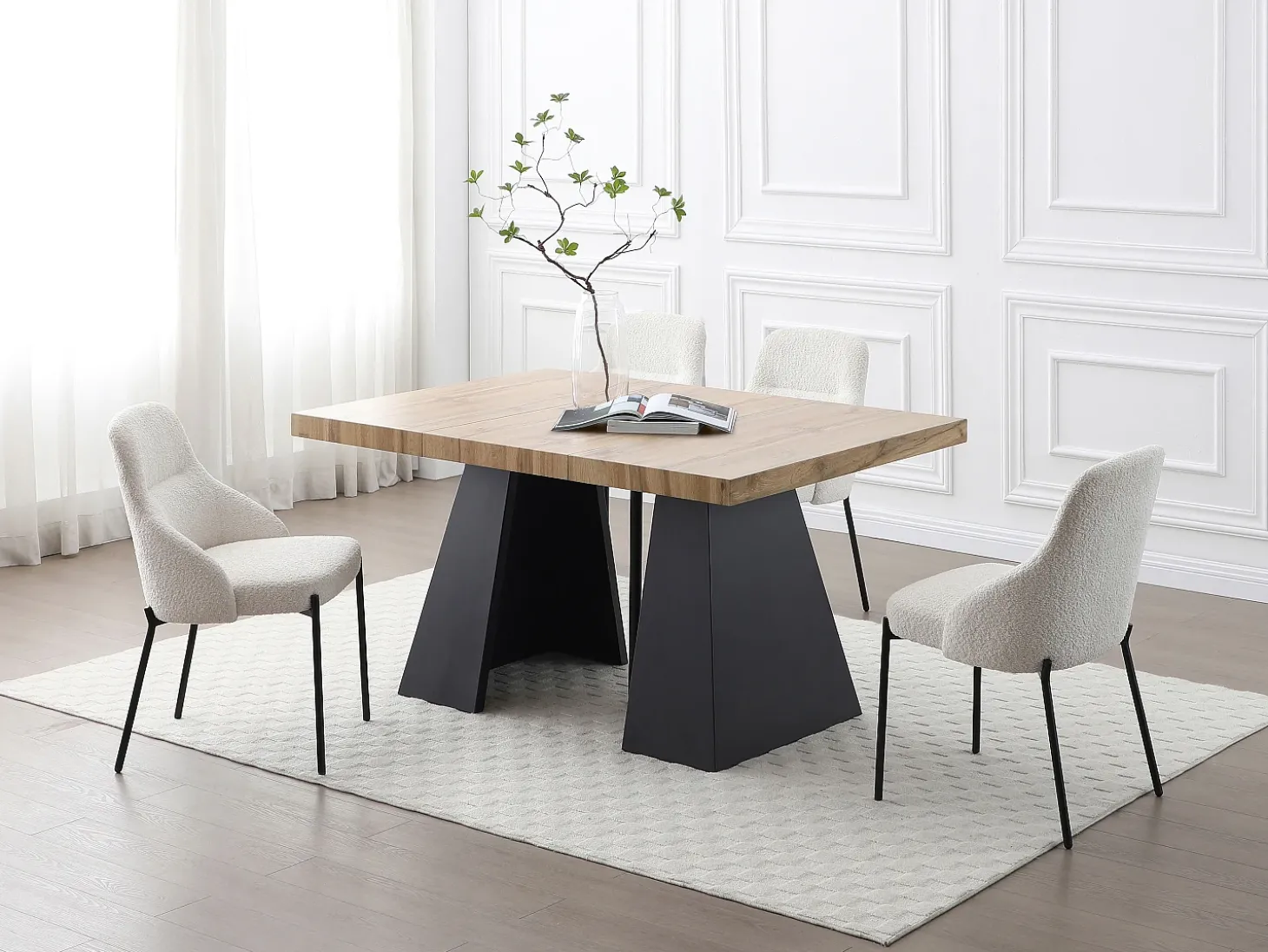 Mesa de jantar extensível 4 a 10 lugares MDF e metal cor natural e preto EMELIA