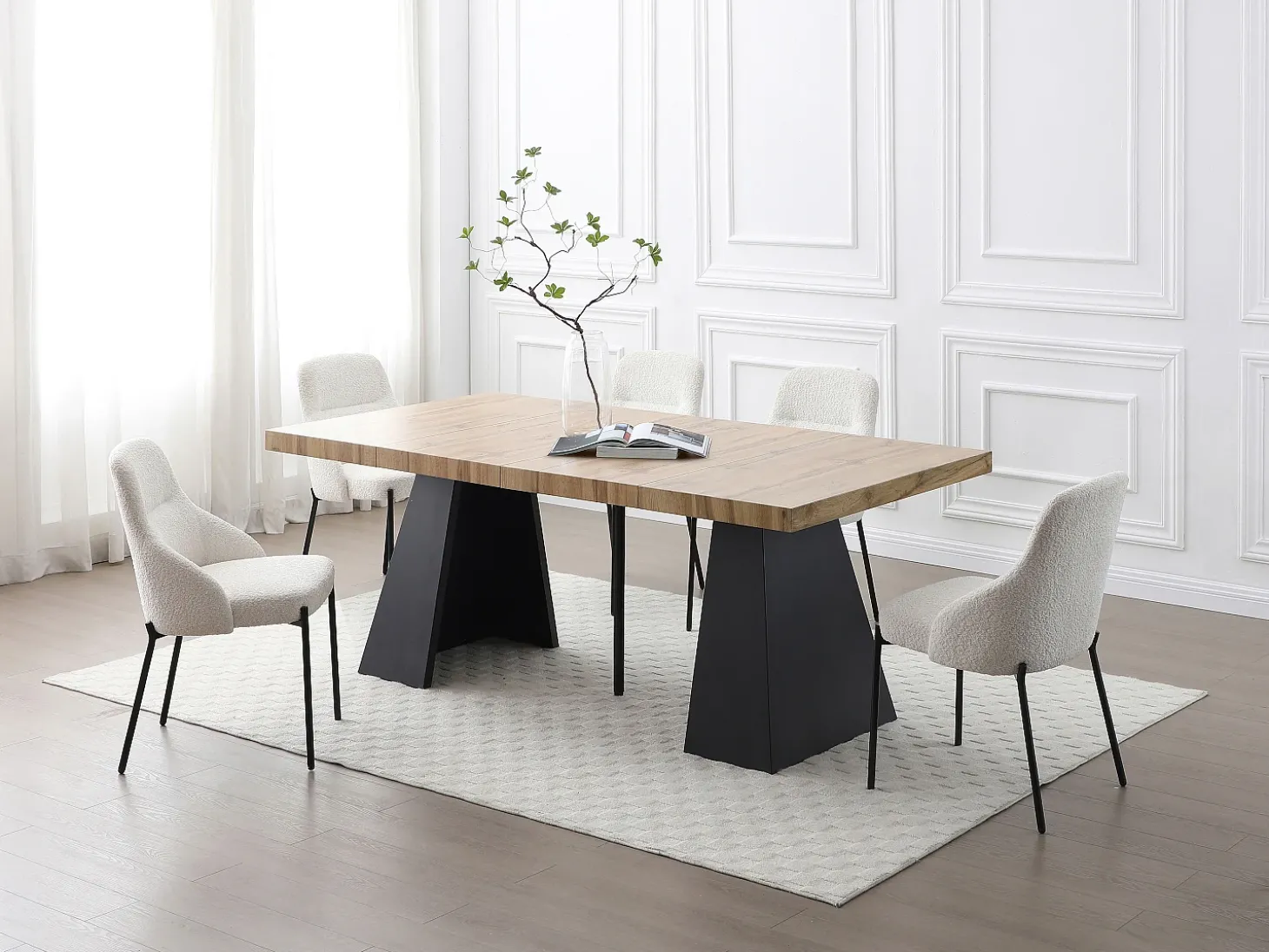 Mesa de jantar extensível 4 a 10 lugares MDF e metal cor natural e preto EMELIA