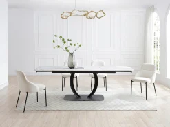 Mesa de jantar extensível em cerâmica e metal preto efeito mármore branco - OLIFIA