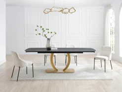 Mesa de jantar extensível em cerâmica e metal dourado efeito mármore preto - OLIFIA