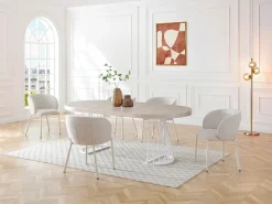 Mesa de jantar extensível 2 a 12 pessoas em MDF e aço - Efeito travertino bege e branco - FIRELA