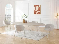 Mesa de jantar extensível 2 a 12 pessoas em MDF e aço - Efeito travertino bege e branco - FIRELA