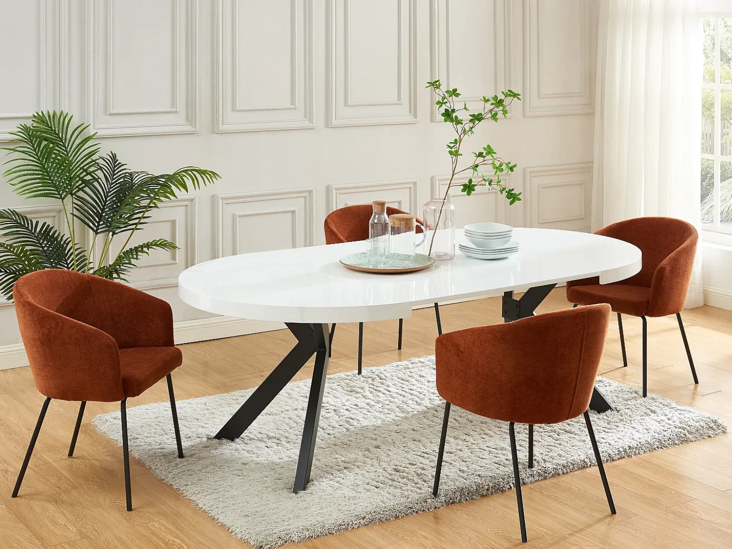 Mesa de jantar extensível 4 a 8 lugares em MDF e aço lacado a branco e preto - KOMONI