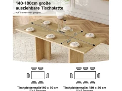 Mesa de jantar extensível - 140/180 x 80 x 75 cm - para 6 a 8 pessoas - estilo simples - MDF - cor natural