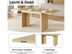 Mesa de jantar extensível - 140/180 x 80 x 75 cm - para 6 a 8 pessoas - estilo simples - MDF - cor natural