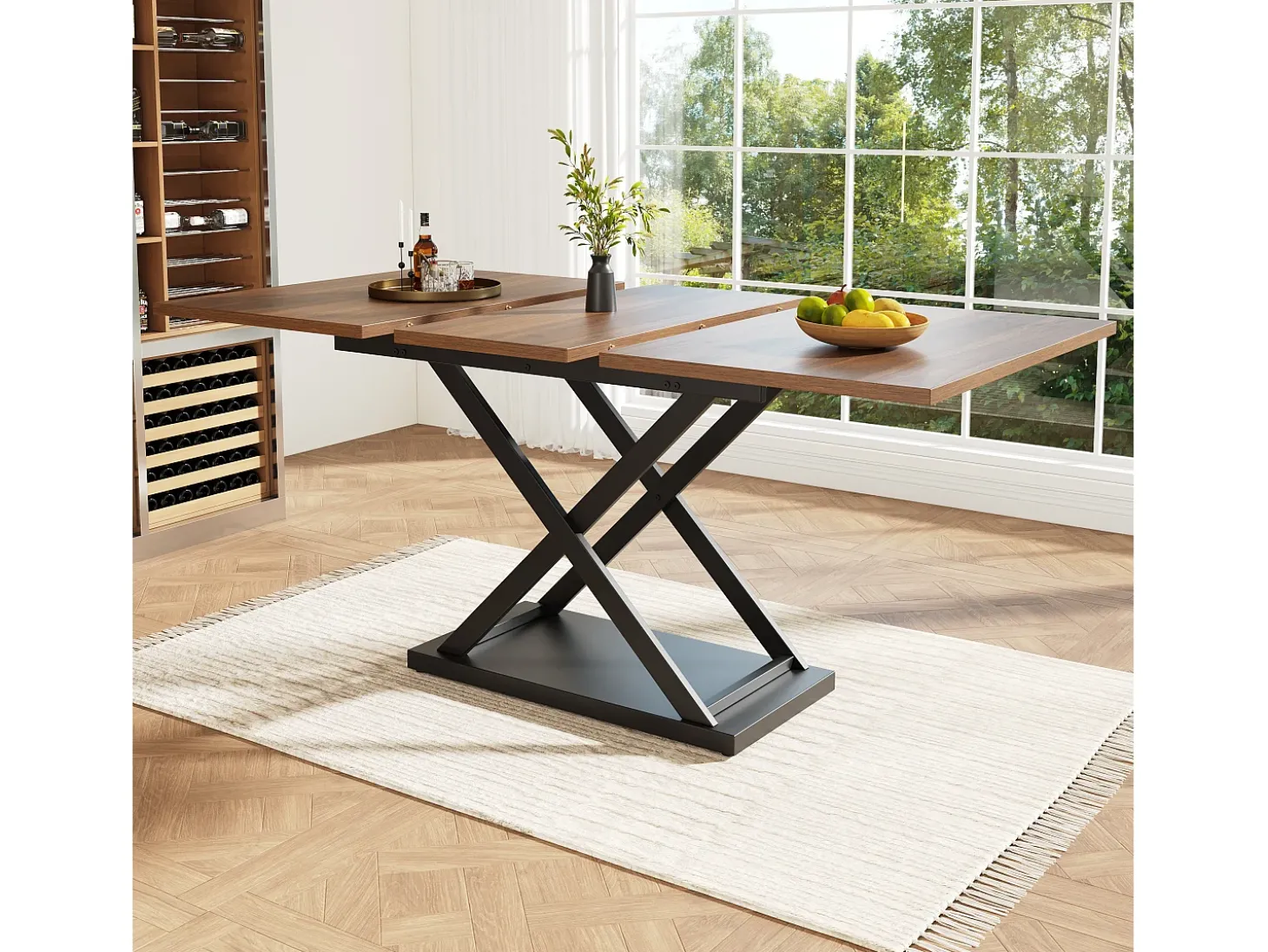 Mesa de jantar extensível para 4 a 6 pessoas - 120/160 x 80 x 75 cm - MDF e pés de metal - Cor nogueira