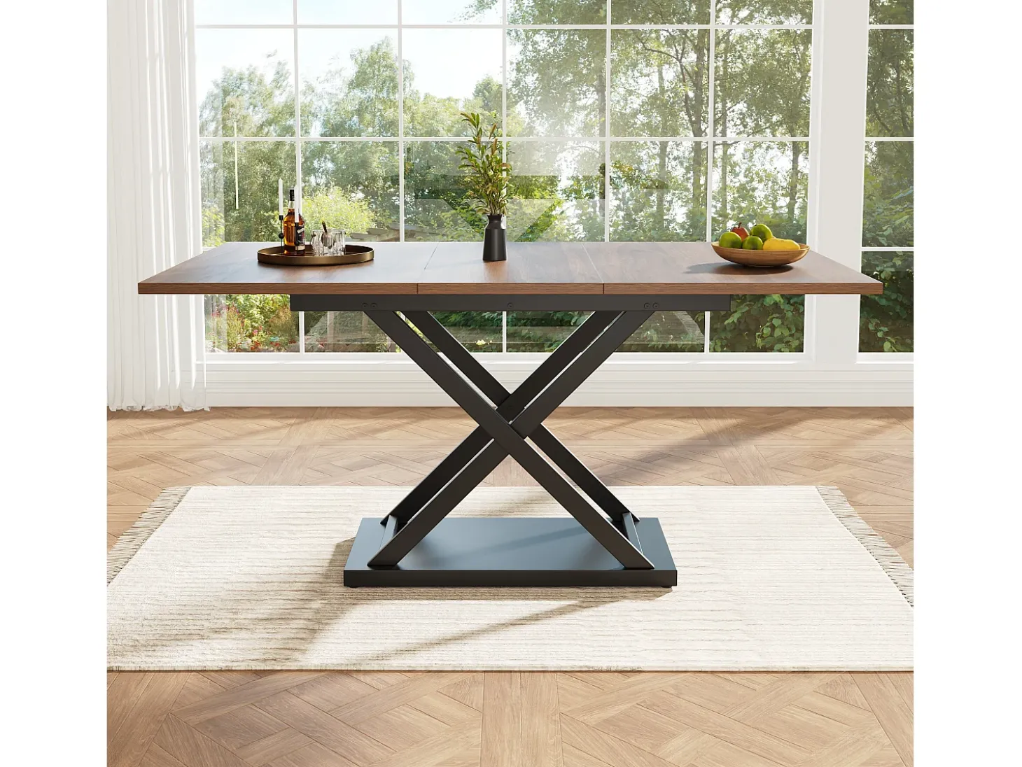 Mesa de jantar extensível para 4 a 6 pessoas - 120/160 x 80 x 75 cm - MDF e pés de metal - Cor nogueira