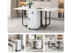 Mesa de jantar extensível e dobrável, com rodízios, 1 porta e 1 gaveta, mdf lacado branco, 150x80x76cm