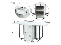 Mesa de jantar extensível e dobrável, com rodízios, 1 porta e 1 gaveta, mdf lacado branco, 150x80x76cm