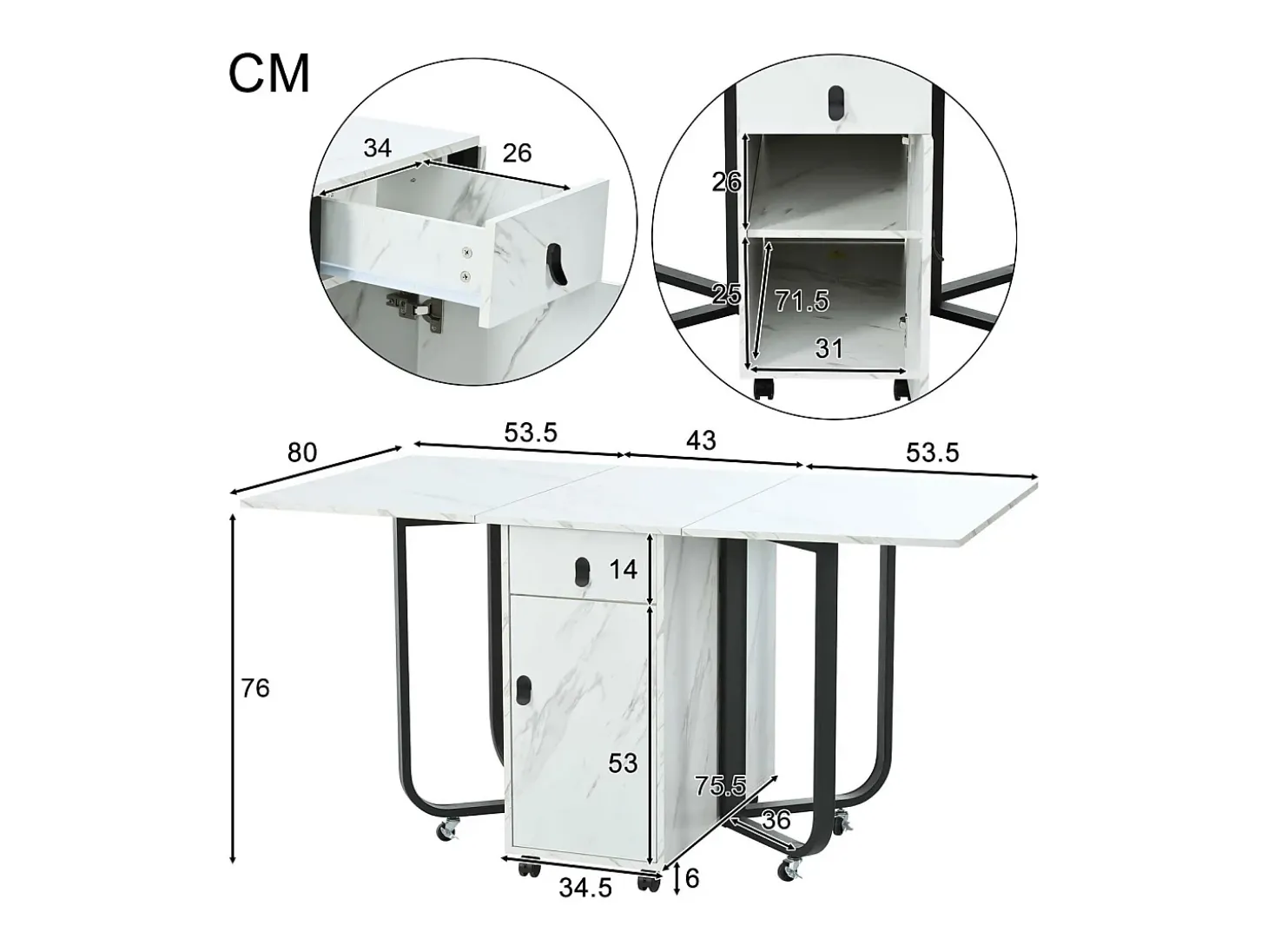 Mesa de jantar extensível e dobrável, com rodízios, 1 porta e 1 gaveta, mdf lacado branco, 150x80x76cm