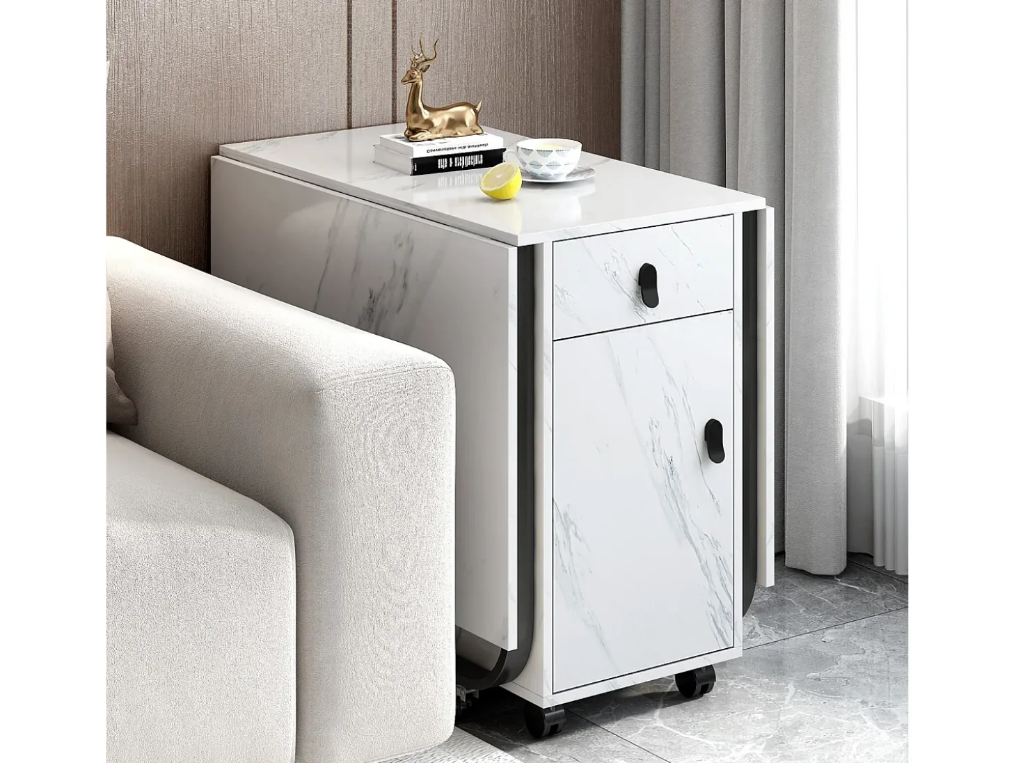 Mesa de jantar extensível e dobrável, com rodízios, 1 porta e 1 gaveta, mdf lacado branco, 150x80x76cm