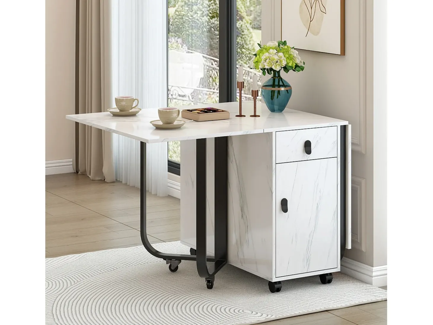 Mesa de jantar extensível e dobrável, com rodízios, 1 porta e 1 gaveta, mdf lacado branco, 150x80x76cm