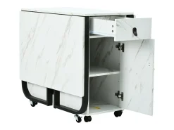 Mesa de jantar extensível e dobrável, com rodízios, 1 porta e 1 gaveta, mdf lacado branco, 150x80x76cm