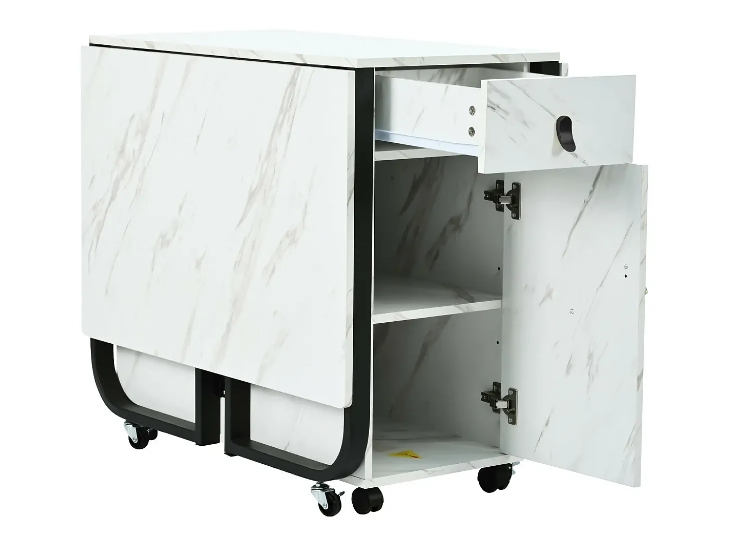Mesa de jantar extensível e dobrável, com rodízios, 1 porta e 1 gaveta, mdf lacado branco, 150x80x76cm