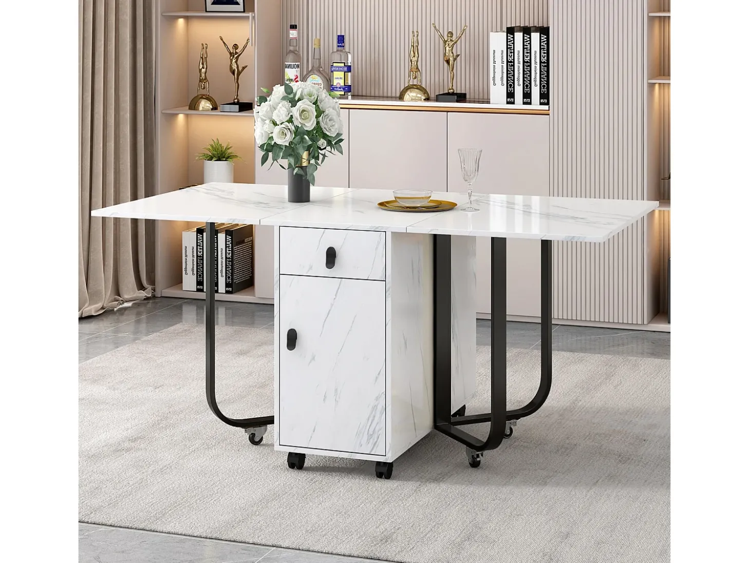 Mesa de jantar extensível e dobrável, com rodízios, 1 porta e 1 gaveta, mdf lacado branco, 150x80x76cm
