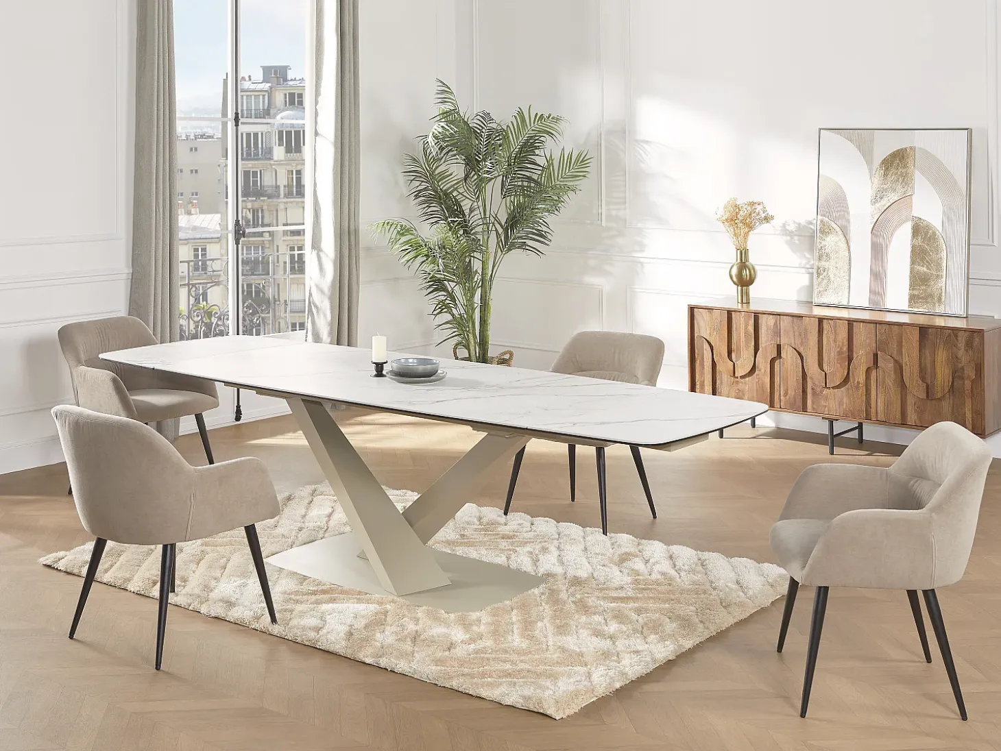 Mesa de jantar extensível em cerâmica e metal efeito mármore branco e bege MALATA de Pascal Morabito