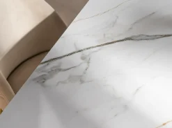 Mesa de jantar extensível em cerâmica e metal efeito mármore branco e bege LOZIPA de Pascal Morabito