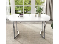 Mesa de jantar extensível para 4 a 6 pessoas - 140/180 x 80 x 75,5 cm - Madeira MDF e pernas de metal - Branco + prata