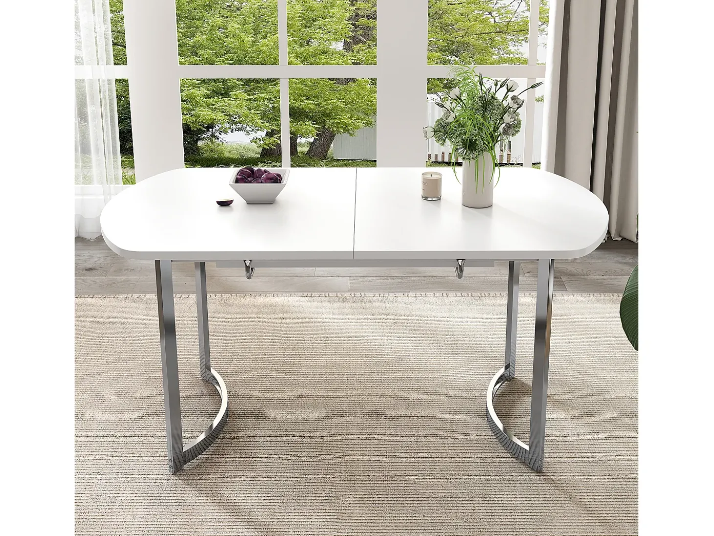 Mesa de jantar extensível para 4 a 6 pessoas - 140/180 x 80 x 75,5 cm - Madeira MDF e pernas de metal - Branco + prata