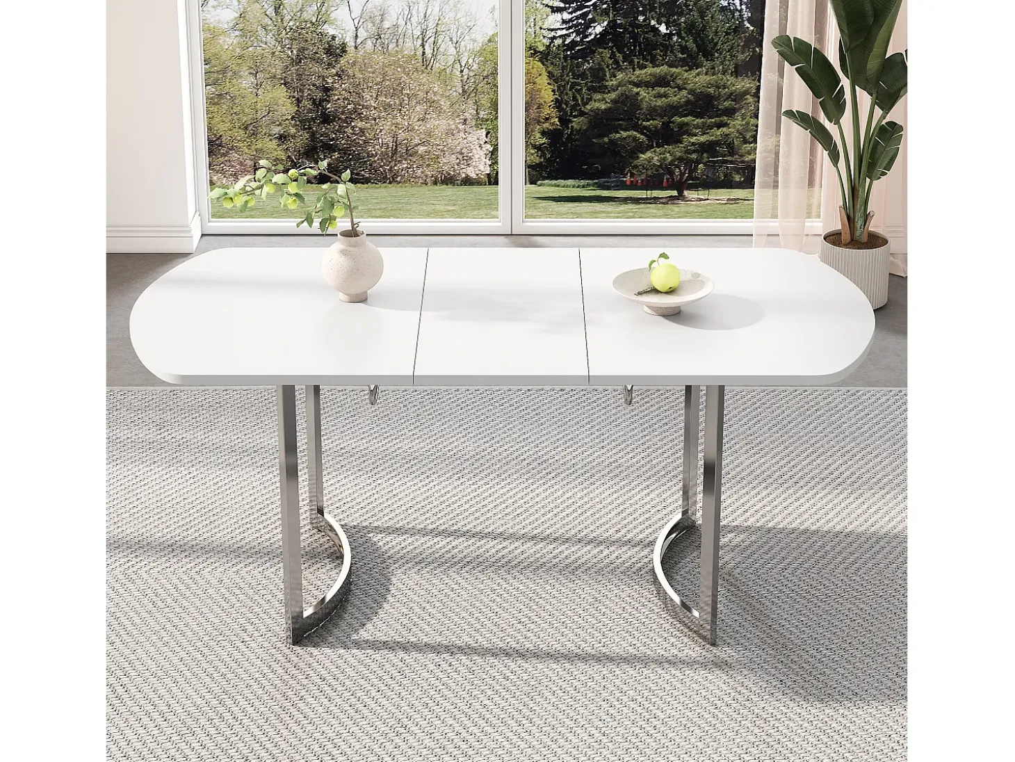 Mesa de jantar extensível para 4 a 6 pessoas - 140/180 x 80 x 75,5 cm - Madeira MDF e pernas de metal - Branco + prata